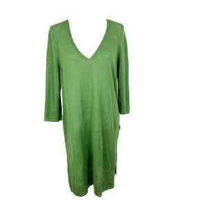 J Jill Sweater Dress Women Medium Green Pullover V-Neck Knit Linen Blend